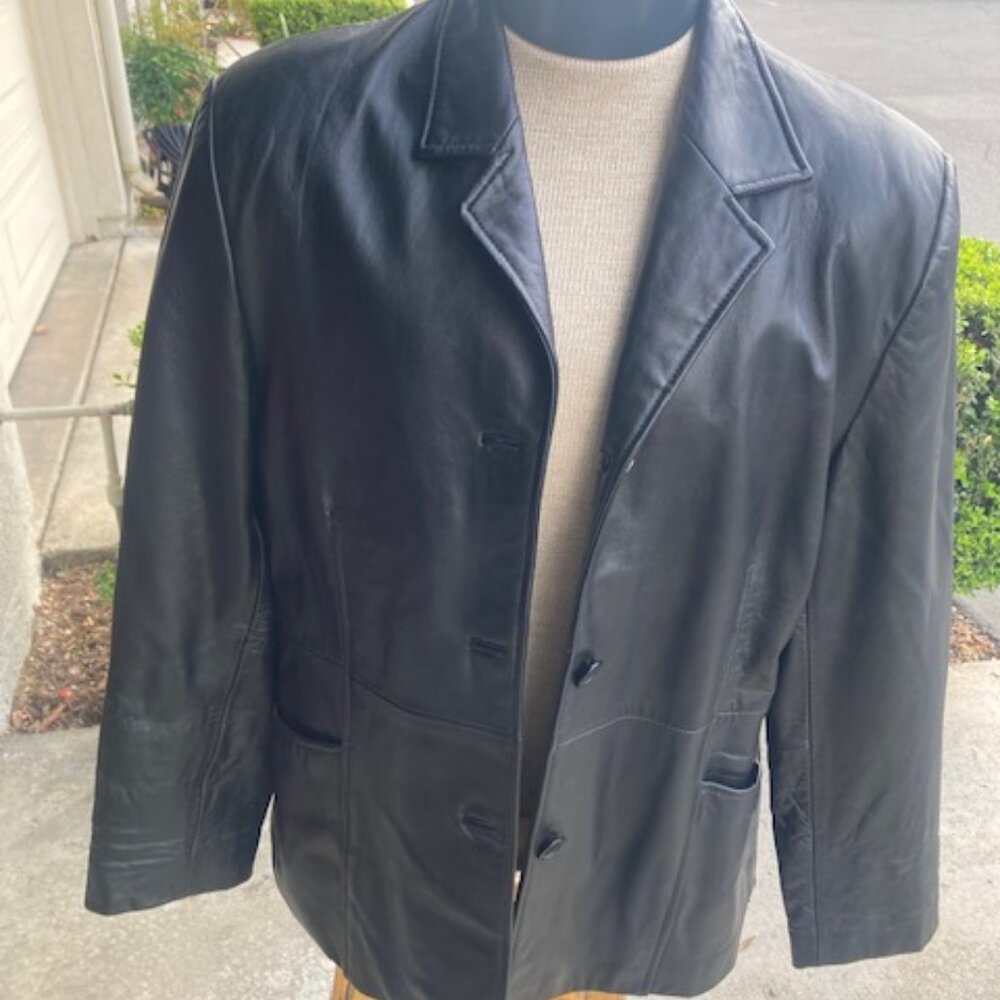 Ladies Black Leather Jacket, Button down, Lined, X Large
